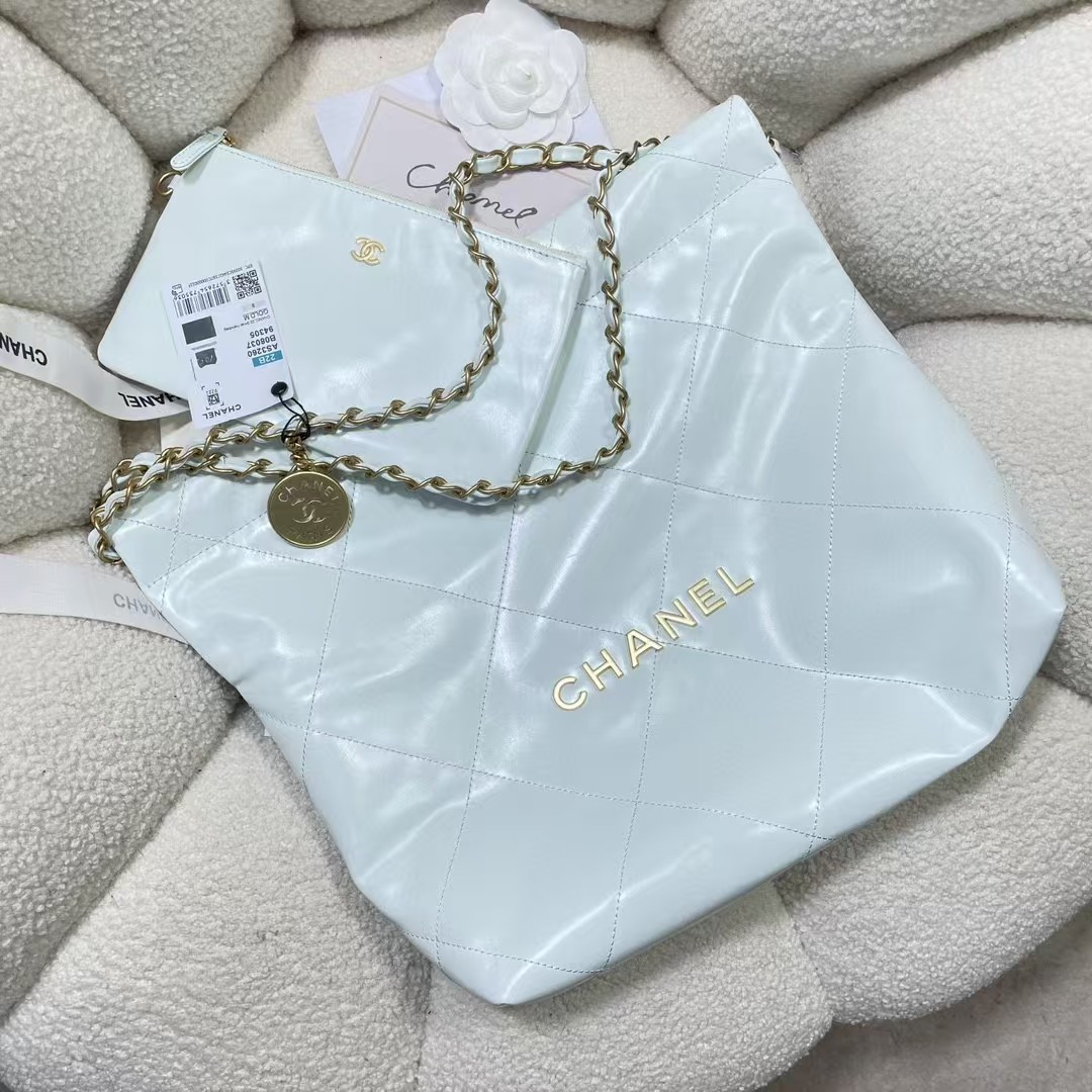 Ch*el 22 small handbag shiny calfskin light blue 37x35x7cm