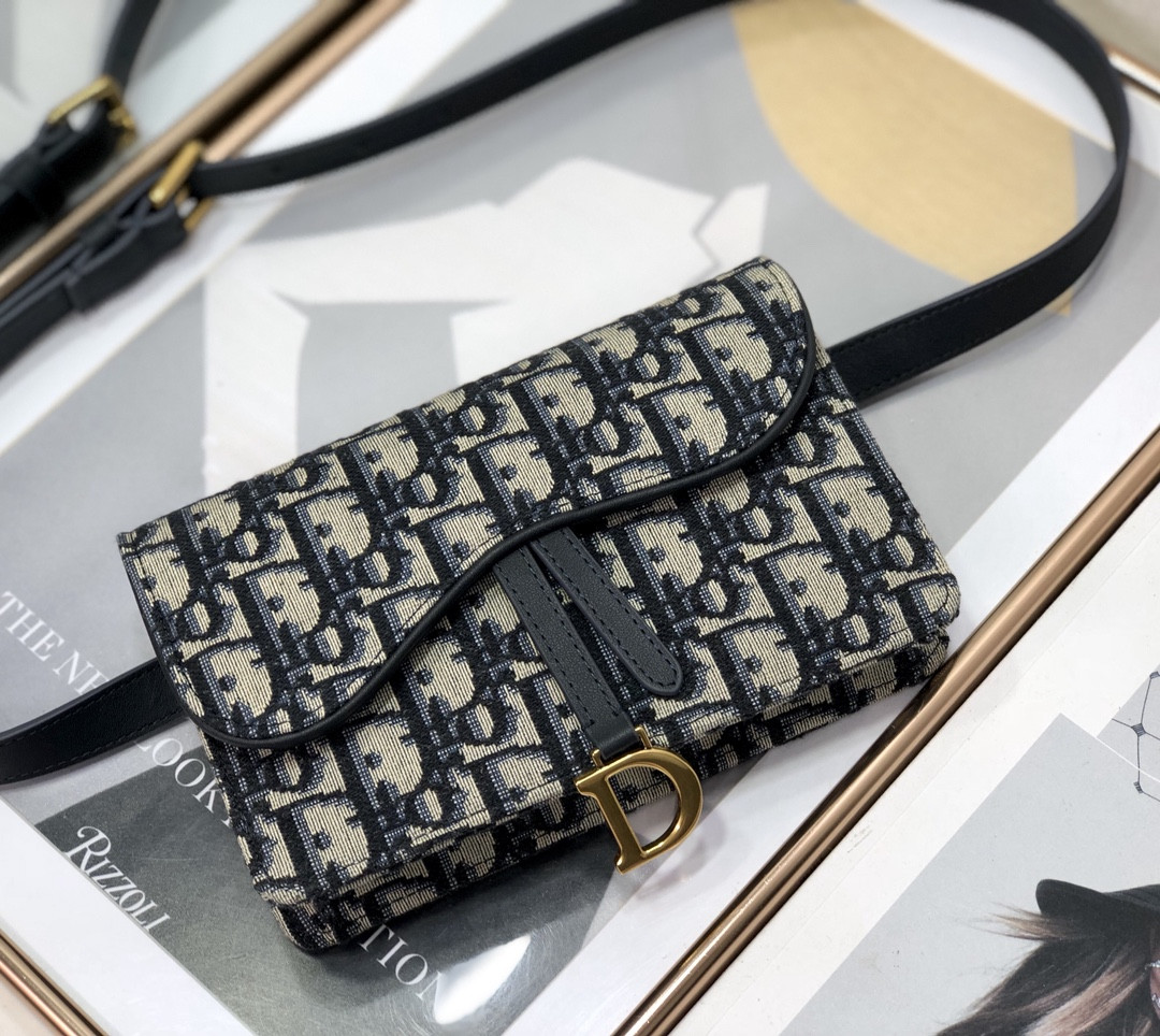 D*or saddle pouch blue D*or oblique jacquard 6.5 x 4 x 1.5 inches