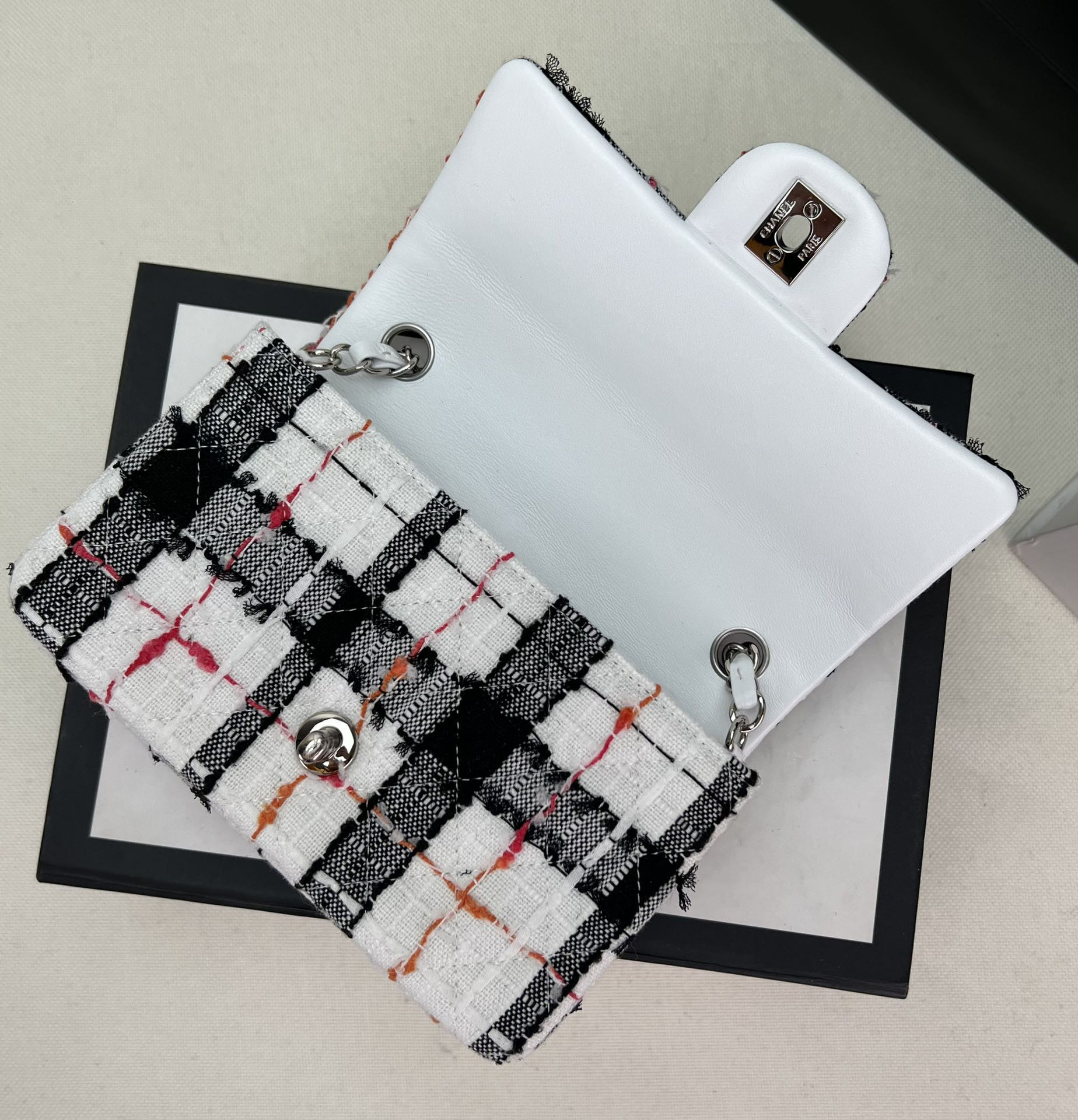 Ch*el mini classic 11.12 handbag tweed & silver-tone metal 4.7 × 7.8 × 2.3 in