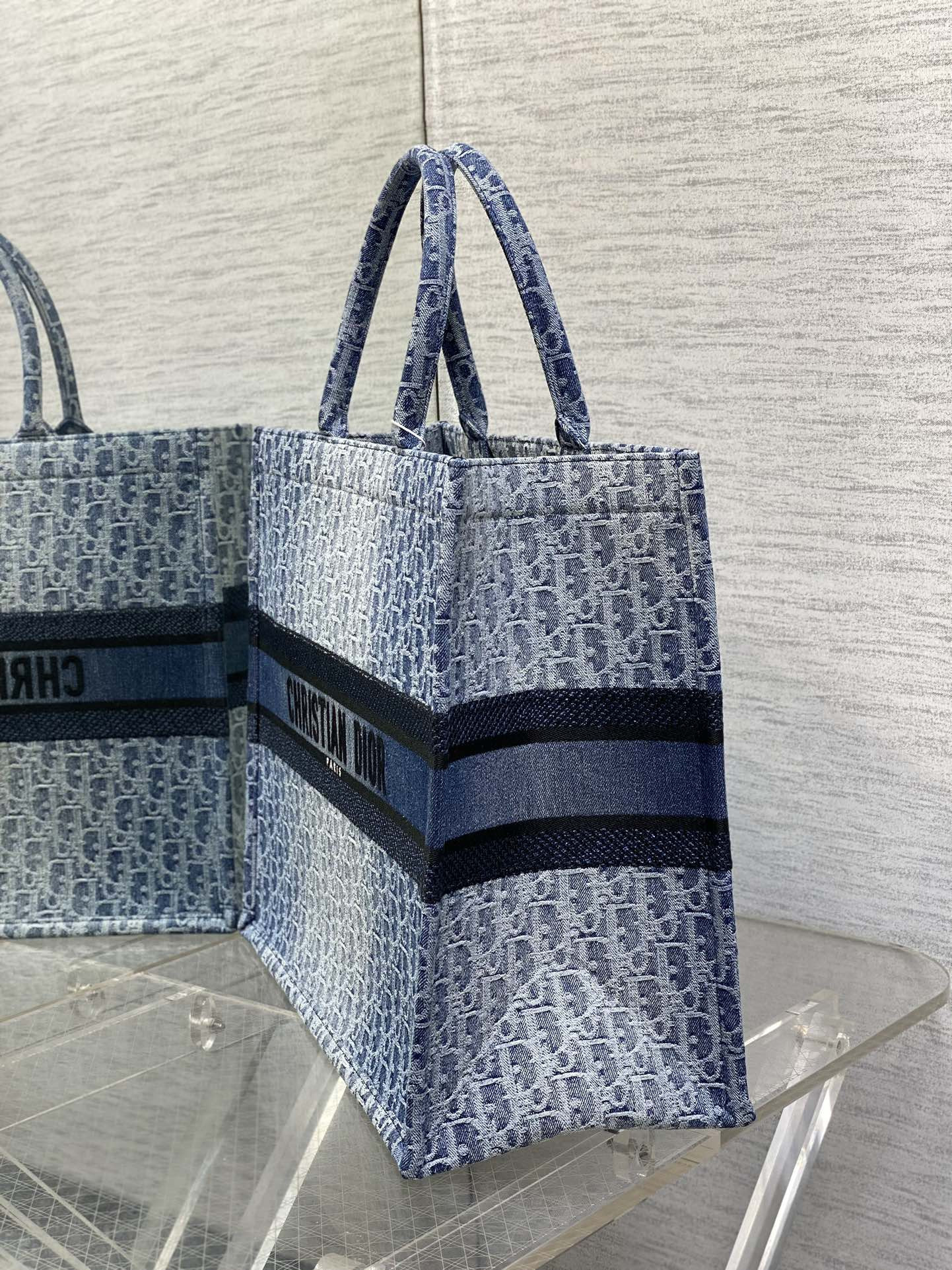 large D*or book tote blue denim D*or oblique jacquard 42 x 35 x 18.5 cm